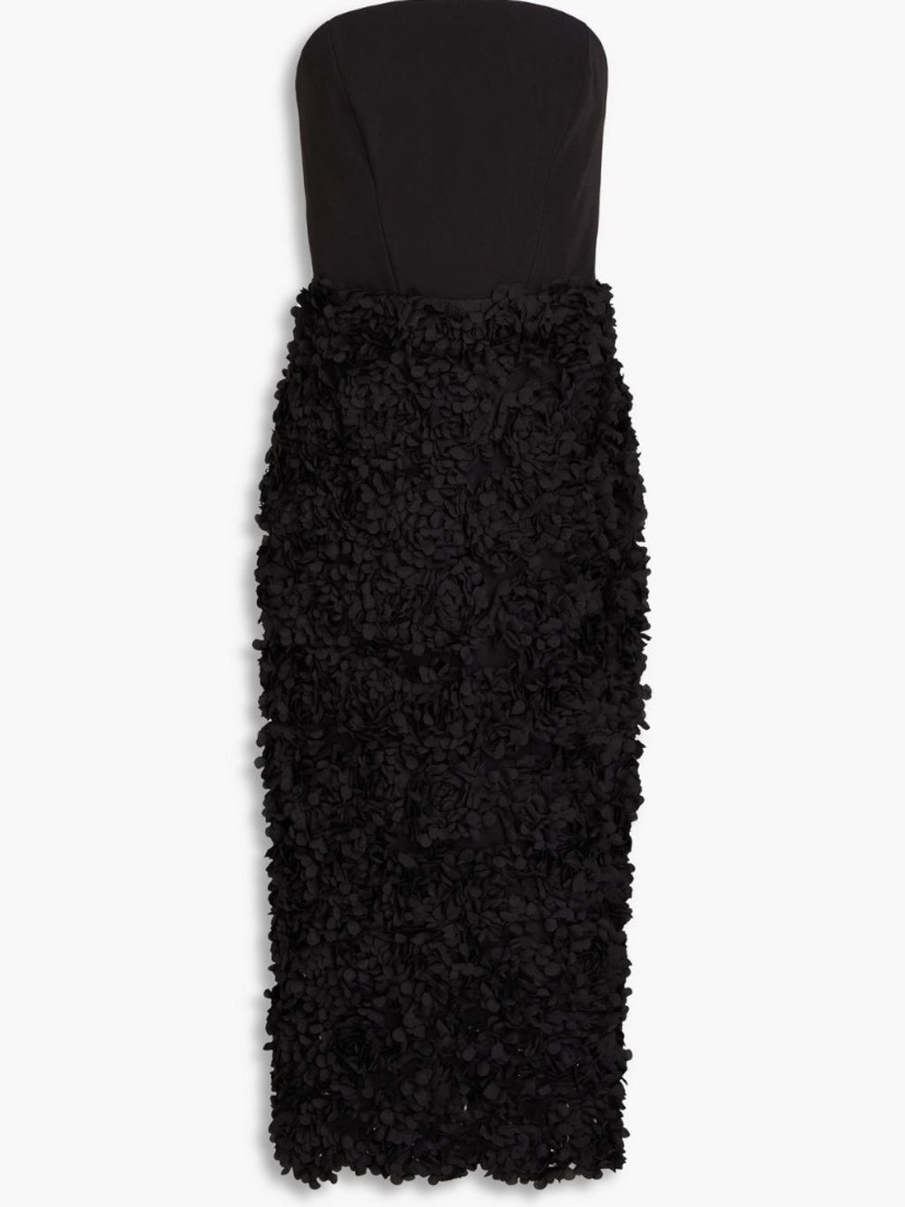 NWT Marchesa Notte Strapless Black Floral Appliqué Midi Dress
